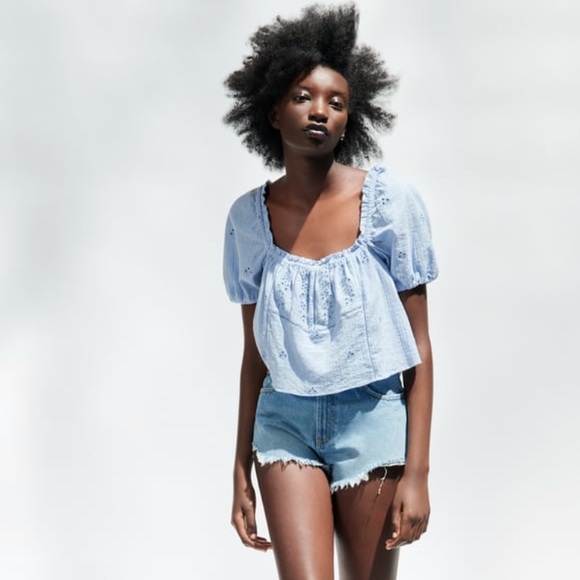 Zara Tops - Zara Square-Neck Puff Sleeve Top w/Cutwork Embroidery Blue XS BRAND NEW!